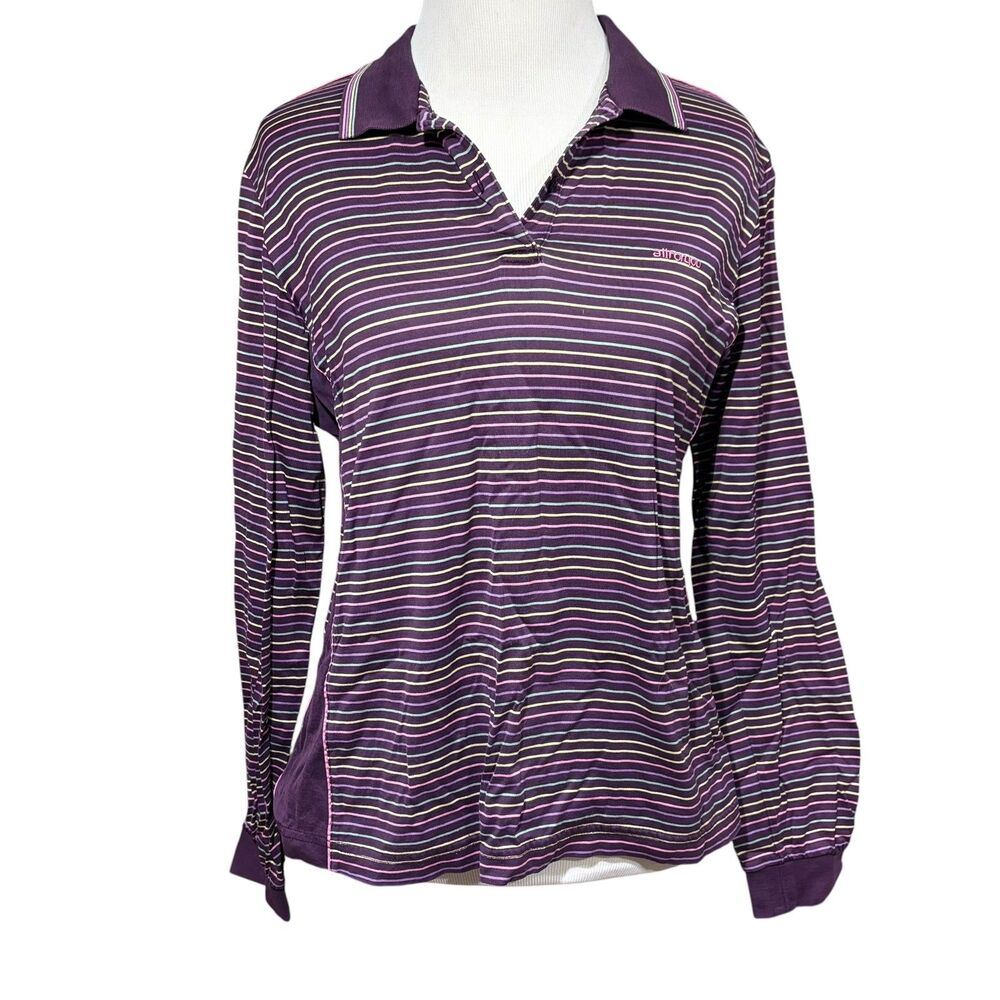 All For You Women’s Striped Polo Shirt S/M Plum Long Sleeve Athletic Golf